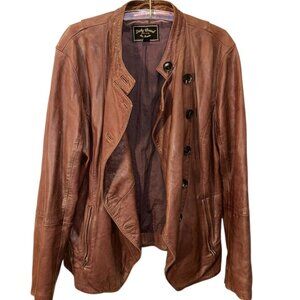 Lucky Chocolate brown leather double breasted moto jacket L